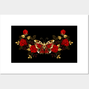 Symmetrical flower arrangement with red butterfly Posters and Art